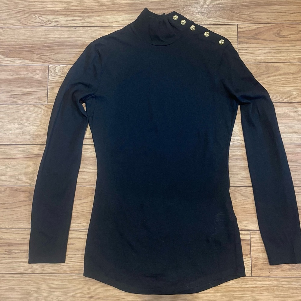 Balmain 100% wool Black Turtleneck with Gold Button Detail size 40 2 small holes - Picture 2 of 10